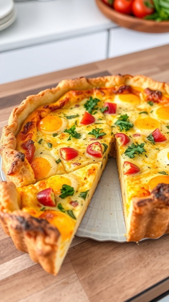 A golden potato crust quiche filled with eggs, cheese, and vegetables, garnished with herbs, on a wooden table.